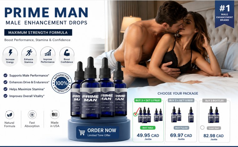 Prime Man Male Enhancement Drops bottles with Canadian package pricing